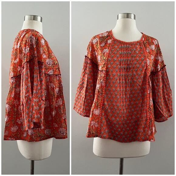 Rachel Zoe Floral Patchwork Top Cottage Peasant Prairie Boho Orange Small NWT - Picture 1 of 10